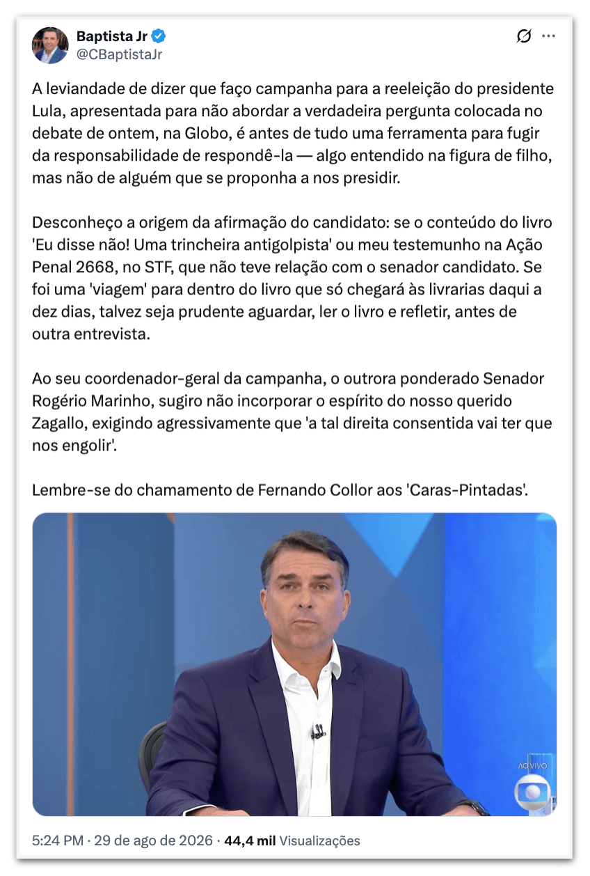 Ex-comandante da FAB rebate Flávio sobre ele apoiar Lula