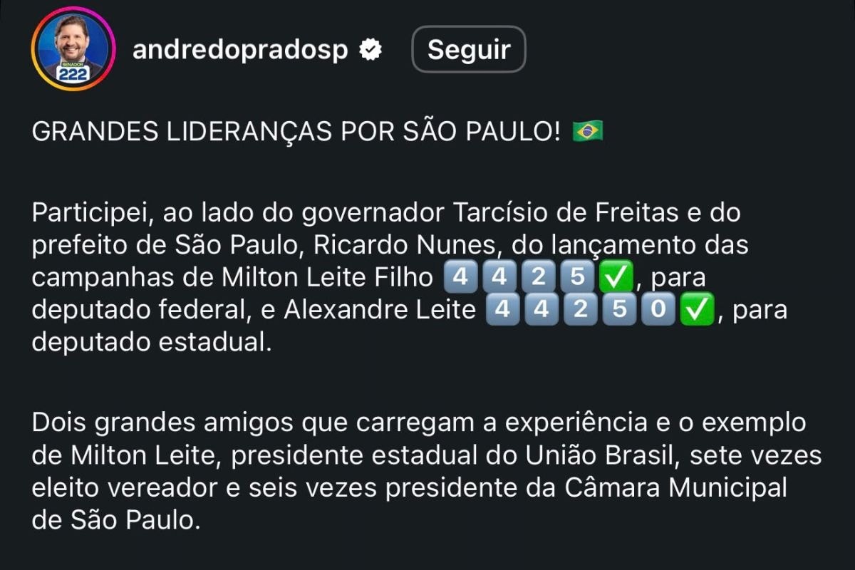 André do Prado exaltou “o exemplo de Milton Leite”, suspeito de elo com PCC