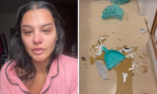 Ex de Cartolouco mostra espelho quebrado em agressão: 'Toda machucada'