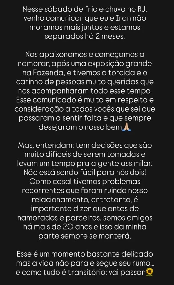Bárbara Borges anuncia fim do relacionamento com Iran Malfitano após 3 anos